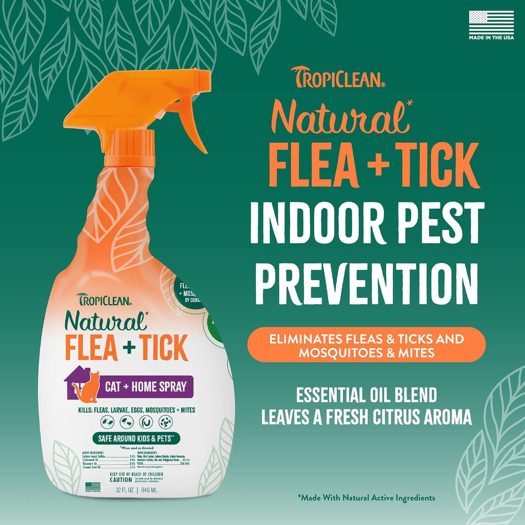 Back label view of TropiClean flea and tick spray for cats detailing instructions and safety guidelines.