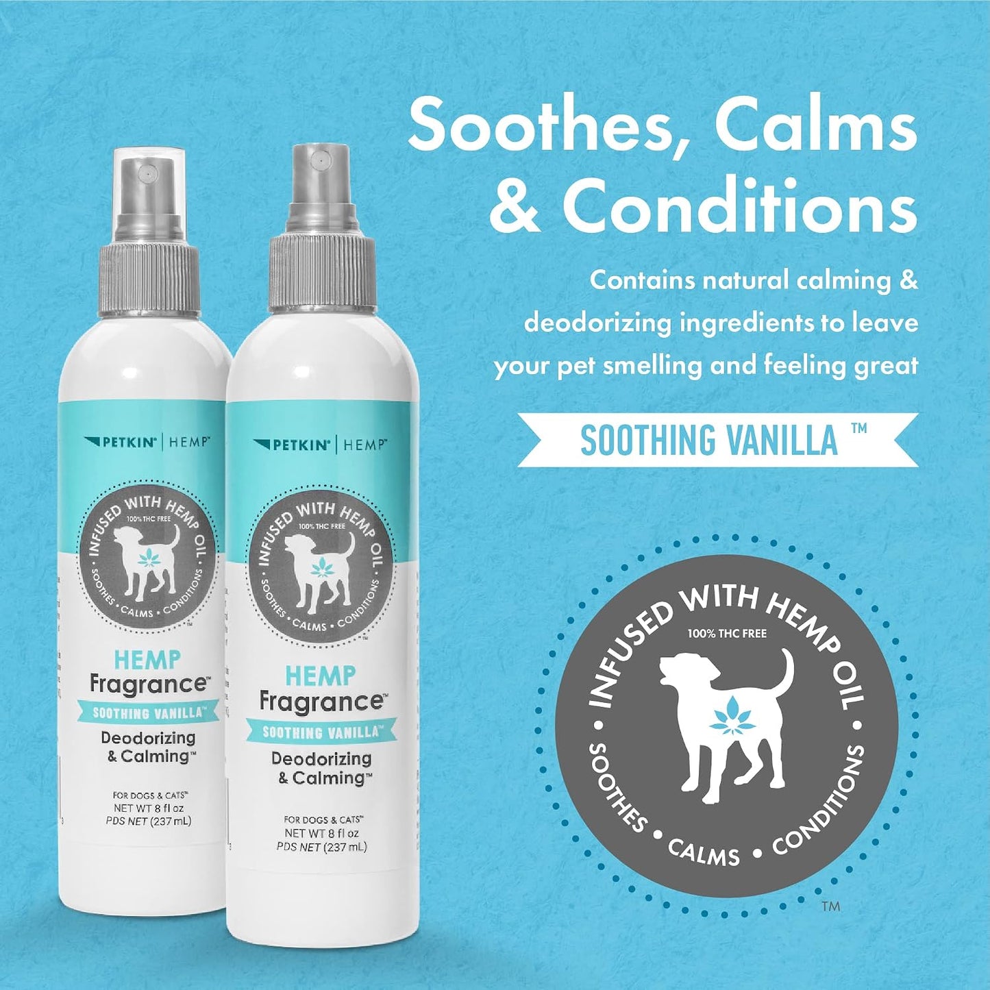 Close up of Petkin soothing vanilla hemp fragrance label