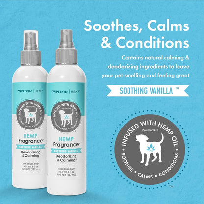 Close up of Petkin soothing vanilla hemp fragrance label