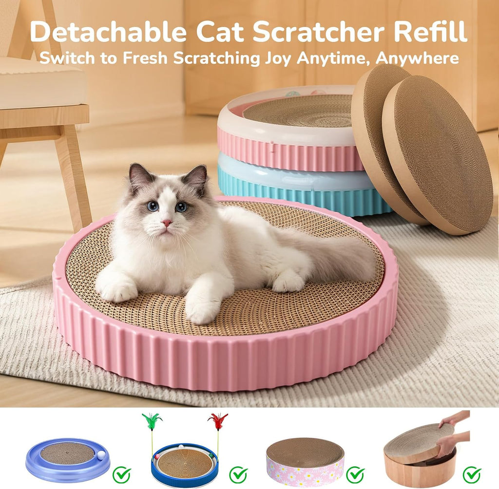 Cat using a round cardboard scratcher in a living room