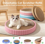 Cat using a round cardboard scratcher in a living room