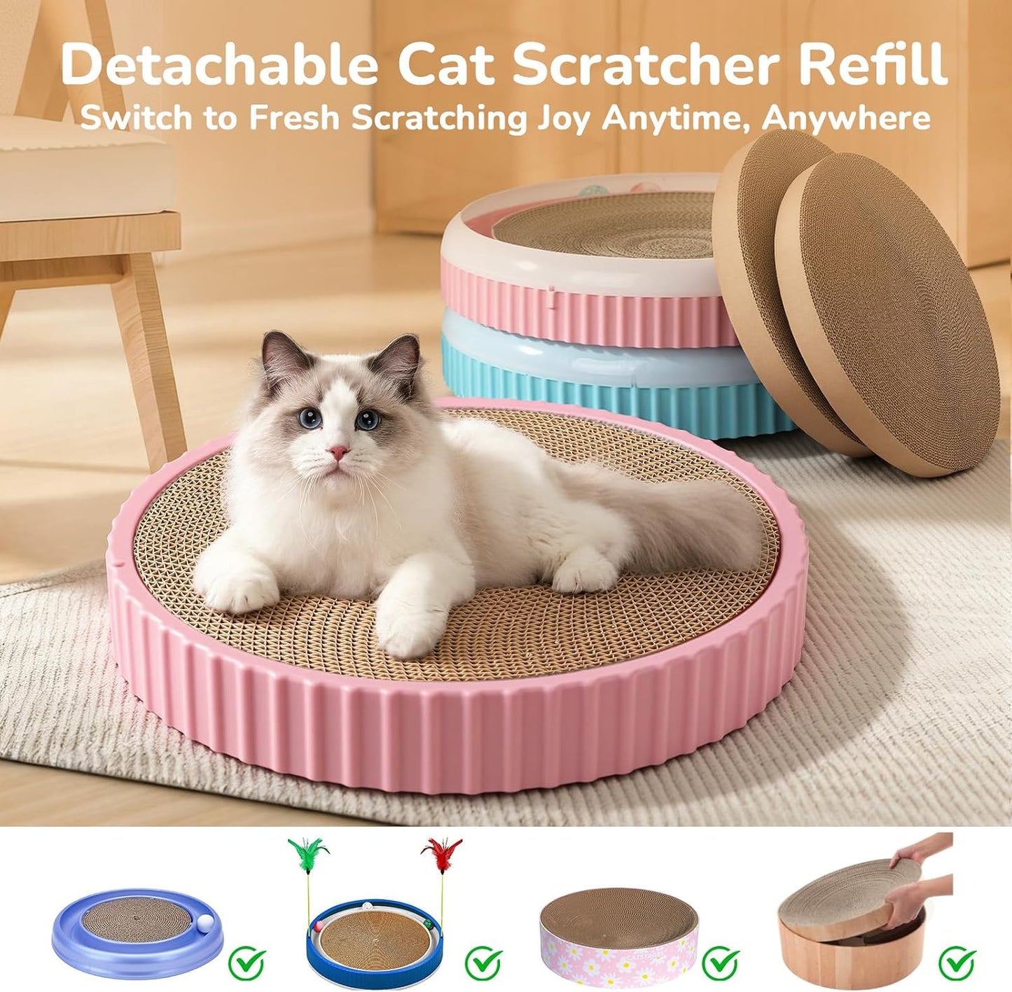 Cat using a round cardboard scratcher in a living room