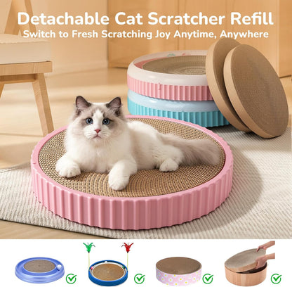 Cat using a round cardboard scratcher in a living room