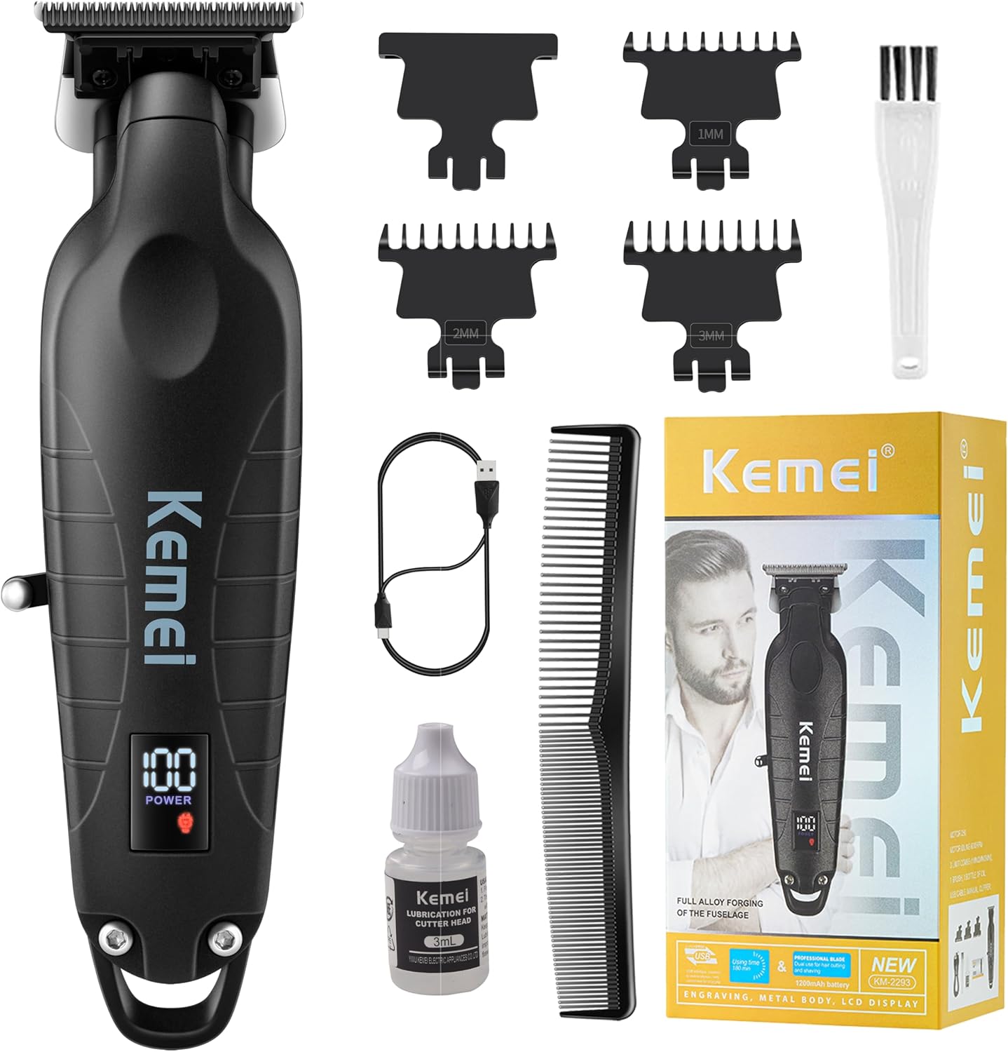 Kemei Original 2293 Professional Hair Trimmer front view showing premium black ergonomic design