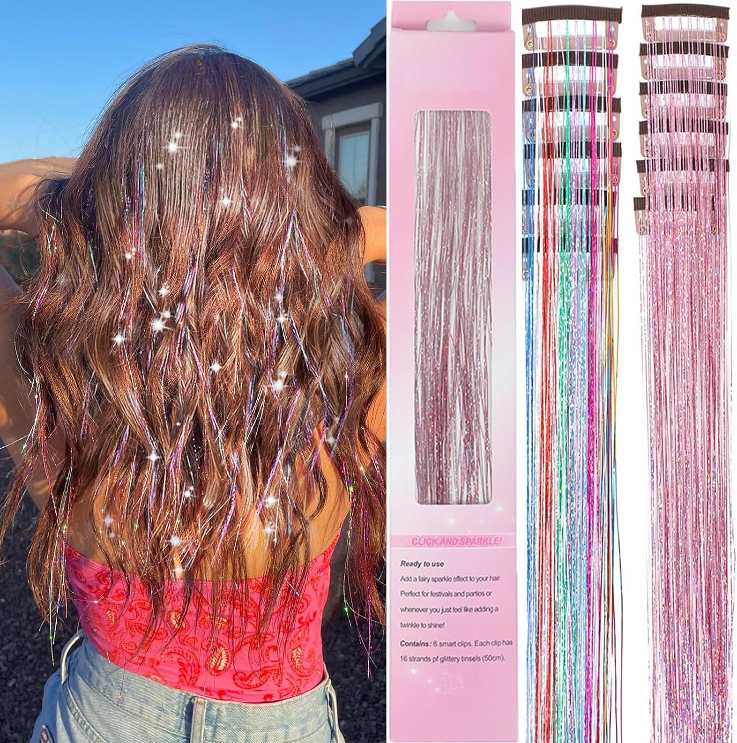 LEDIZE hair tinsel kit front view showcasing twelve pieces of sparkling colorful extensions