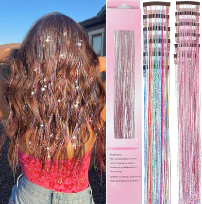 LEDIZE hair tinsel kit front view showcasing twelve pieces of sparkling colorful extensions