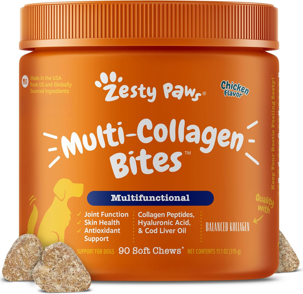 Zesty Paws Multi Collagen Soft Chews for Dogs front packaging view for canine joint health.