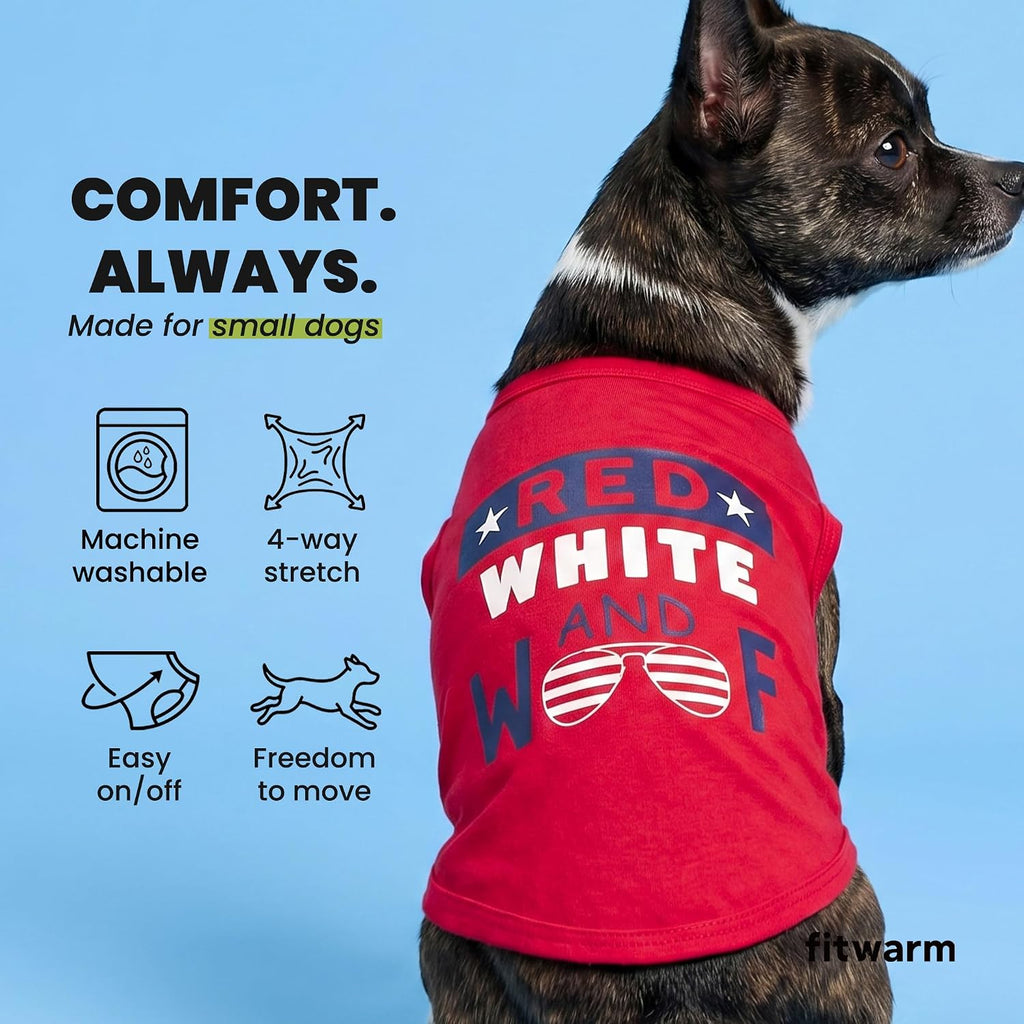 Small puppy wearing Fitwarm 4th of July dog shirt