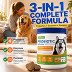 OurCares dog digestive supplement soft chews displayed next to the bottle showing the chicken flavor treats.