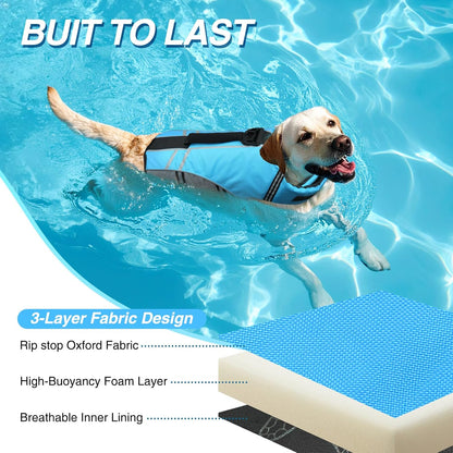 Medium blue dog safety jacket with reflective trim on a dog swimming