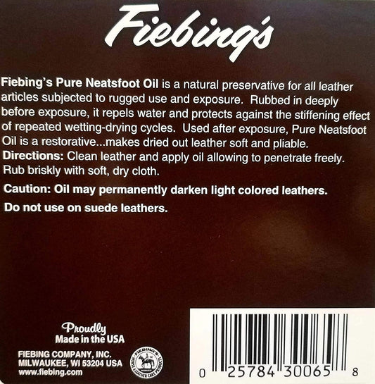 Authentic Fiebing's pure neatsfoot oil liquid conditioner bottle for restoring baseball gloves and work boots.