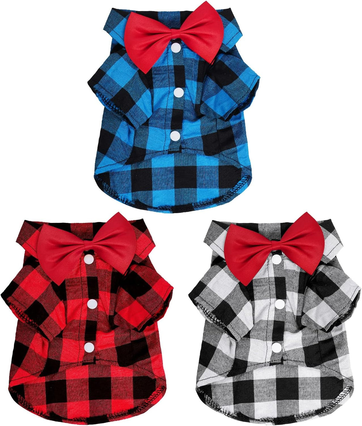 Tongcloud 3 pack plaid puppy cat shirt front view showing three different colored pet outfits