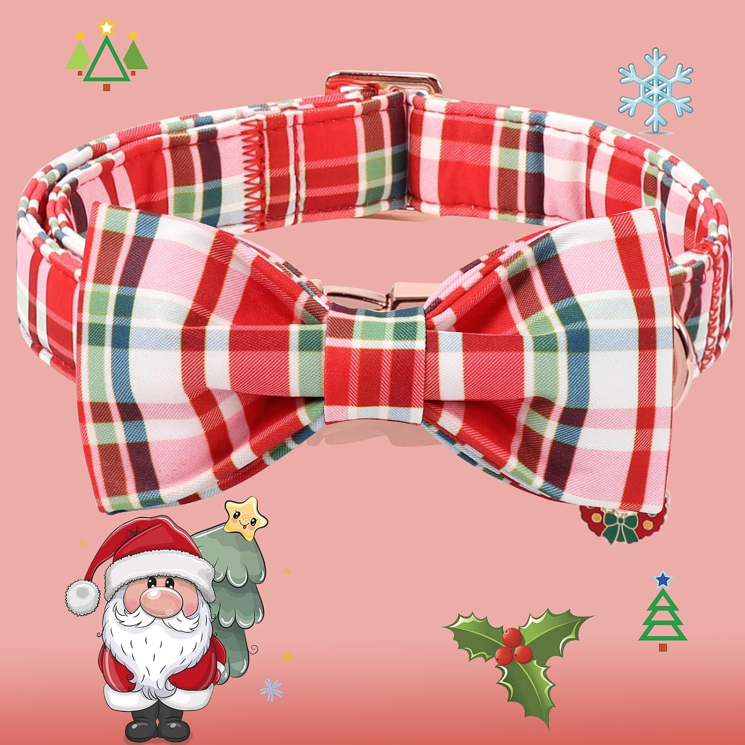 Small dog wearing red plaid Christmas collar with bow