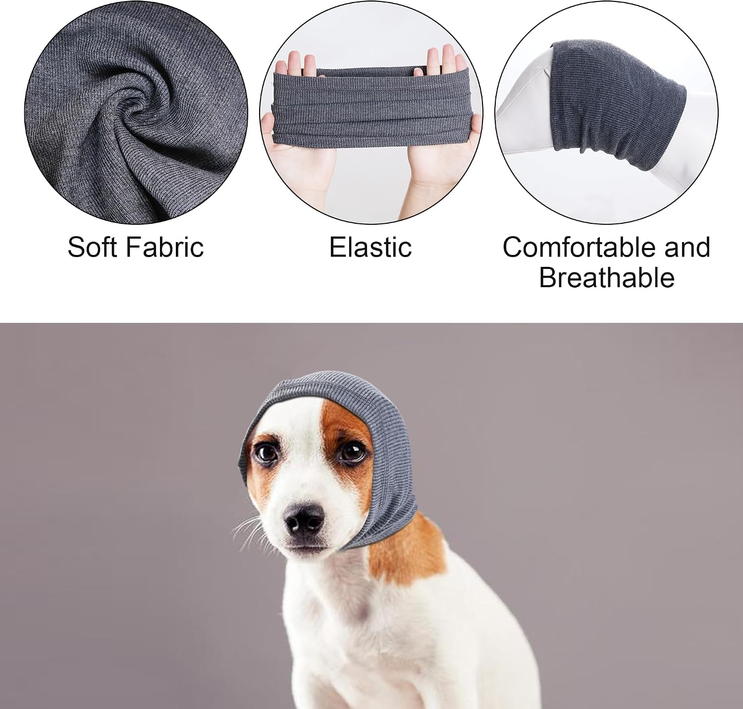 Stretchy cotton dog calming hood worn on small dog
