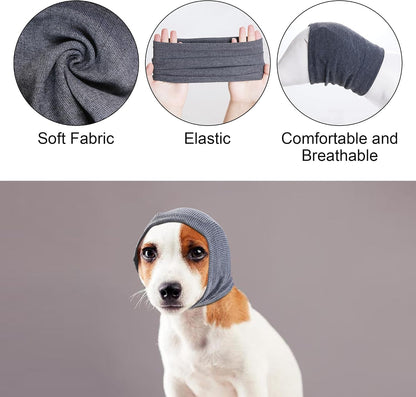 Stretchy cotton dog calming hood worn on small dog