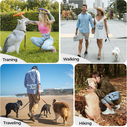 Large capacity internal storage space of the light blue dog walking pouch filled with kibble