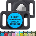 GoTags Engraved Airtag Dog Collar Holder front view displaying customizable metal faceplate on black silicone sleeve.