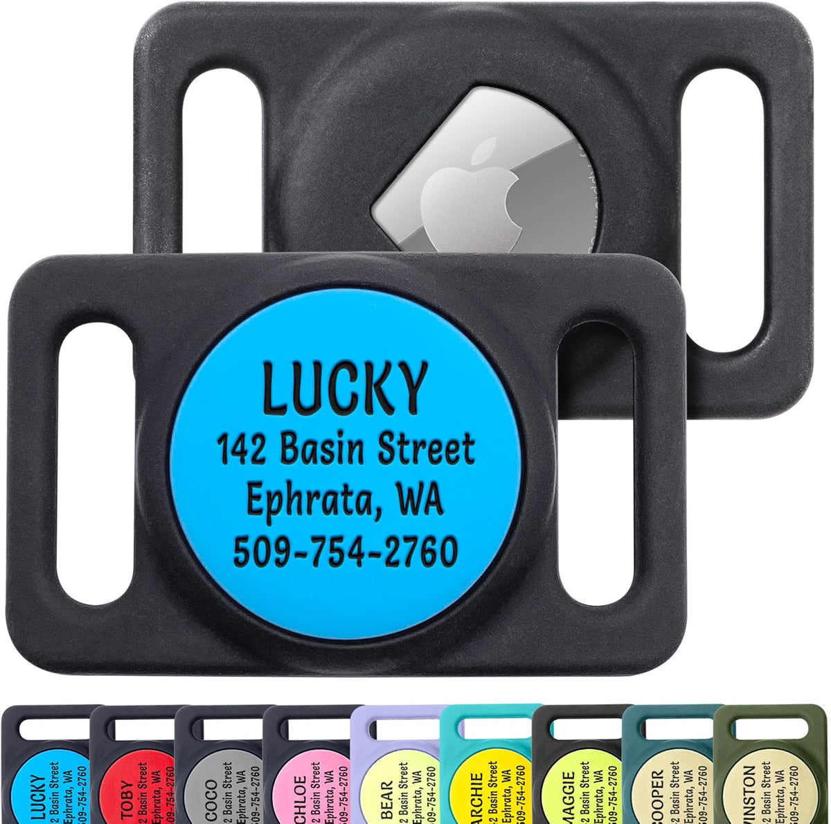 GoTags Engraved Airtag Dog Collar Holder front view displaying customizable metal faceplate on black silicone sleeve.
