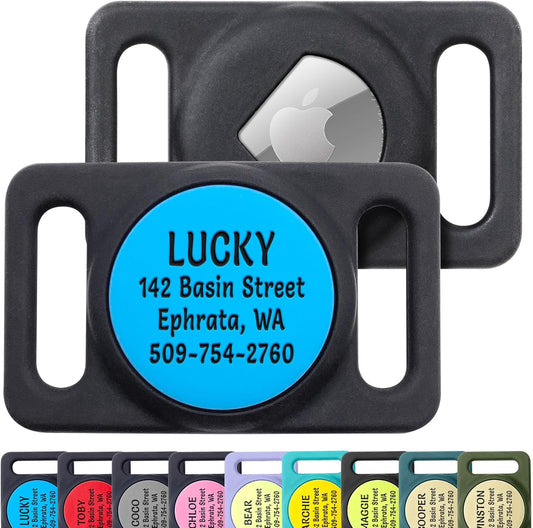 GoTags Engraved Airtag Dog Collar Holder front view displaying customizable metal faceplate on black silicone sleeve.