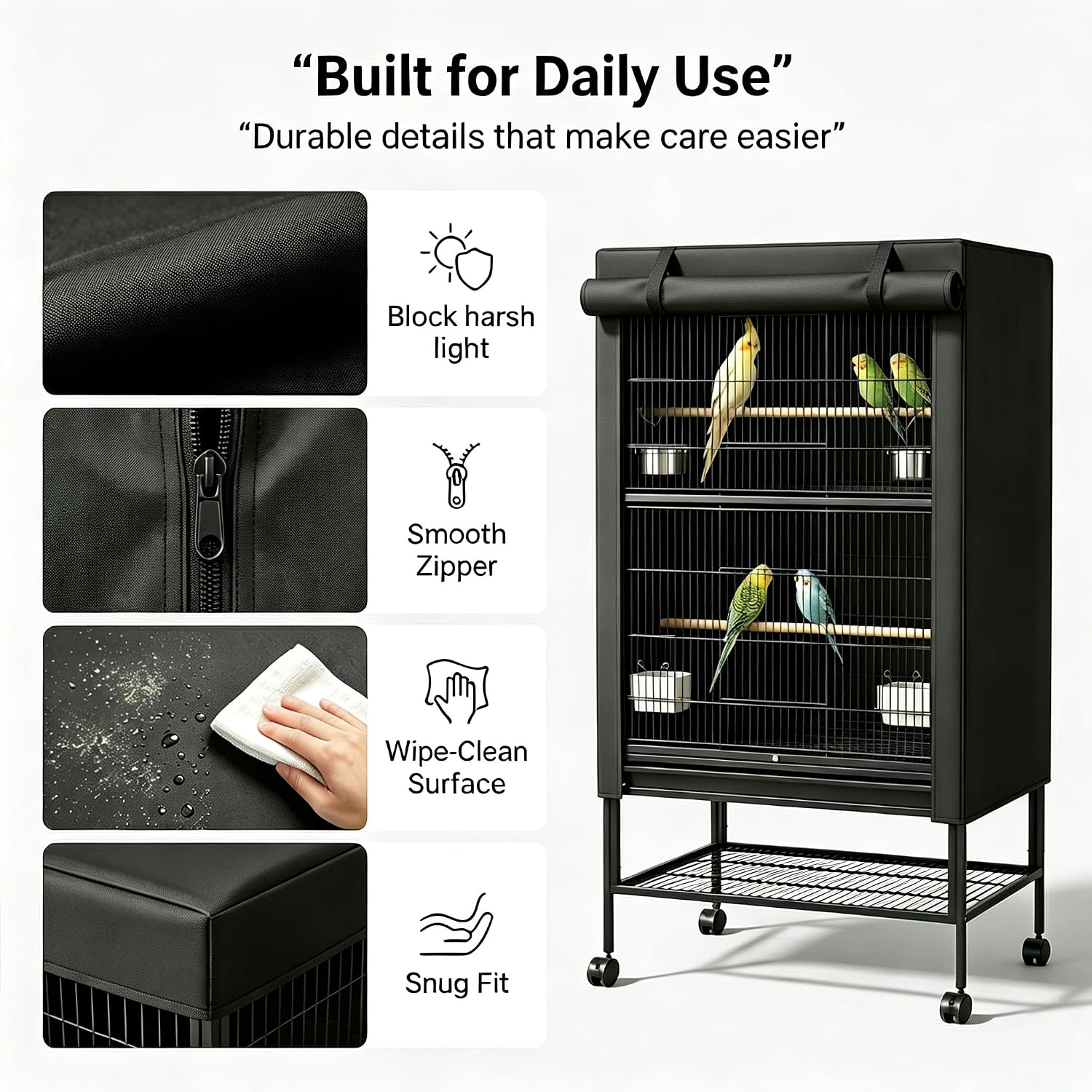 Universal bird cage cover by Hoartsardeo displaying the total blackout effect under bright room lighting setup.