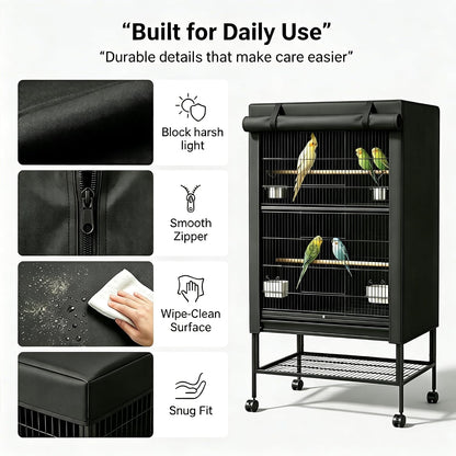Universal bird cage cover by Hoartsardeo displaying the total blackout effect under bright room lighting setup.