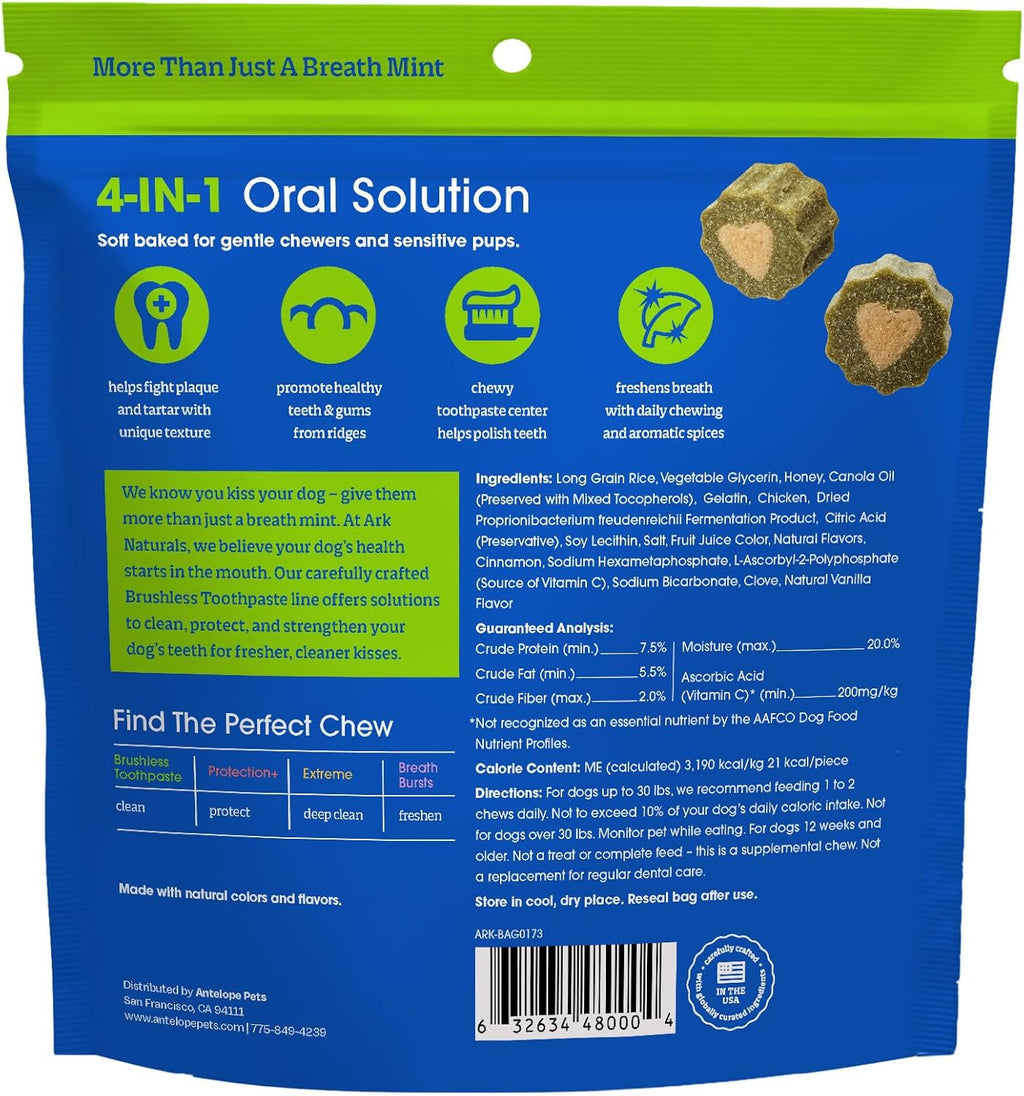 Ark Naturals dog dental chews with toothpaste center for small breeds packaging details