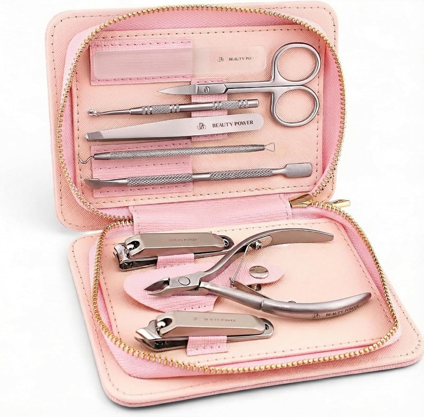 Beauty Power 9 in 1 manicure pedicure set front view in leather case