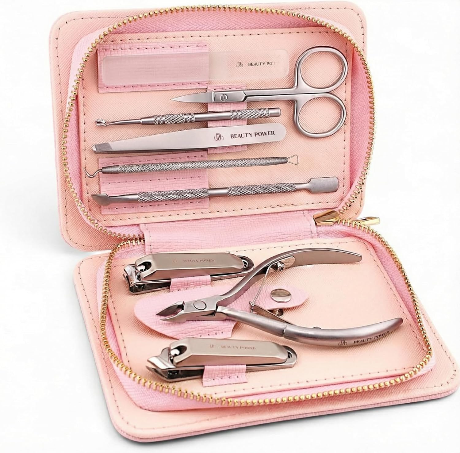 Beauty Power 9 in 1 manicure pedicure set front view in leather case