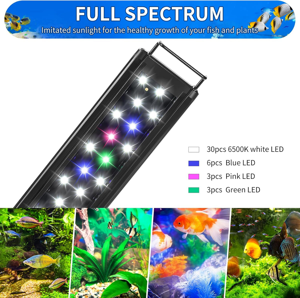 Aquaneat LED aquarium light front view displaying full spectrum illumination
