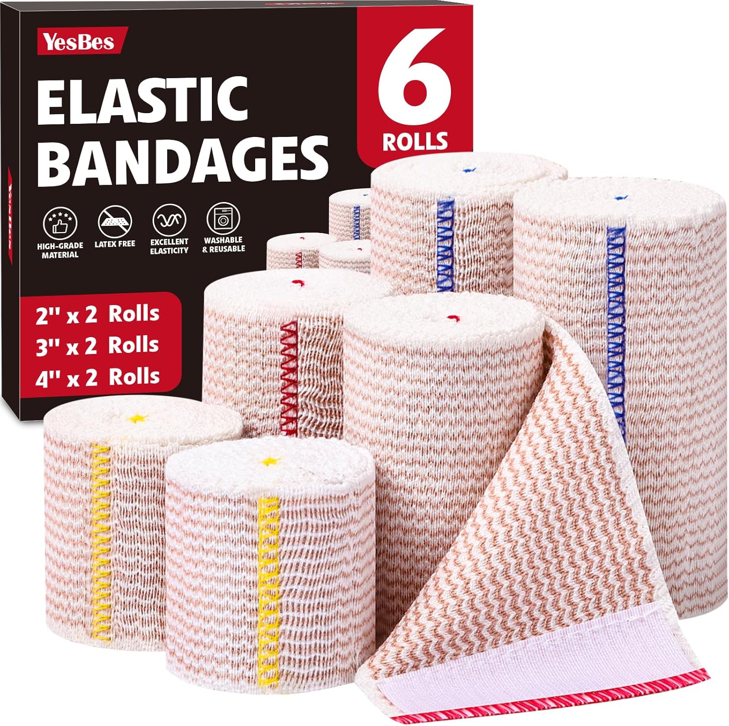 DragonflyDreams 6 Pack Premium Elastic Bandage Wrap front view showcasing multiple sizes.