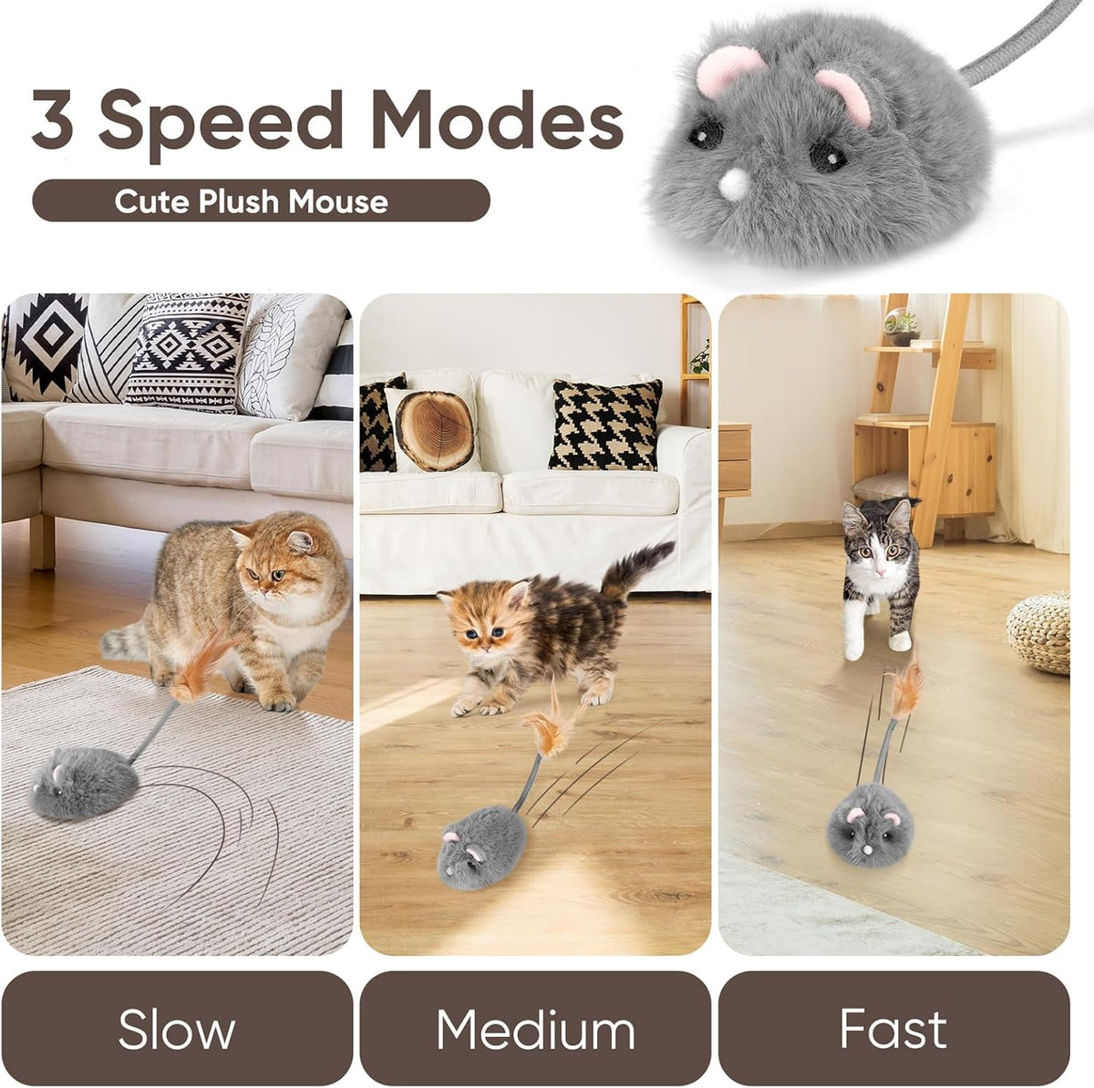 Pawingcat rechargeable automated cat toy moving on wooden floor.