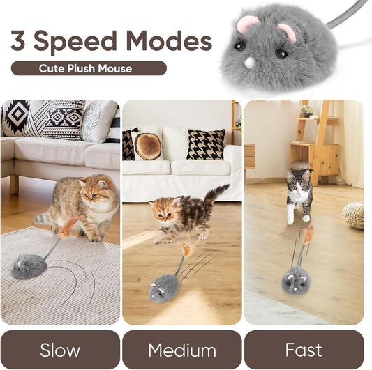 Pawingcat rechargeable automated cat toy moving on wooden floor.