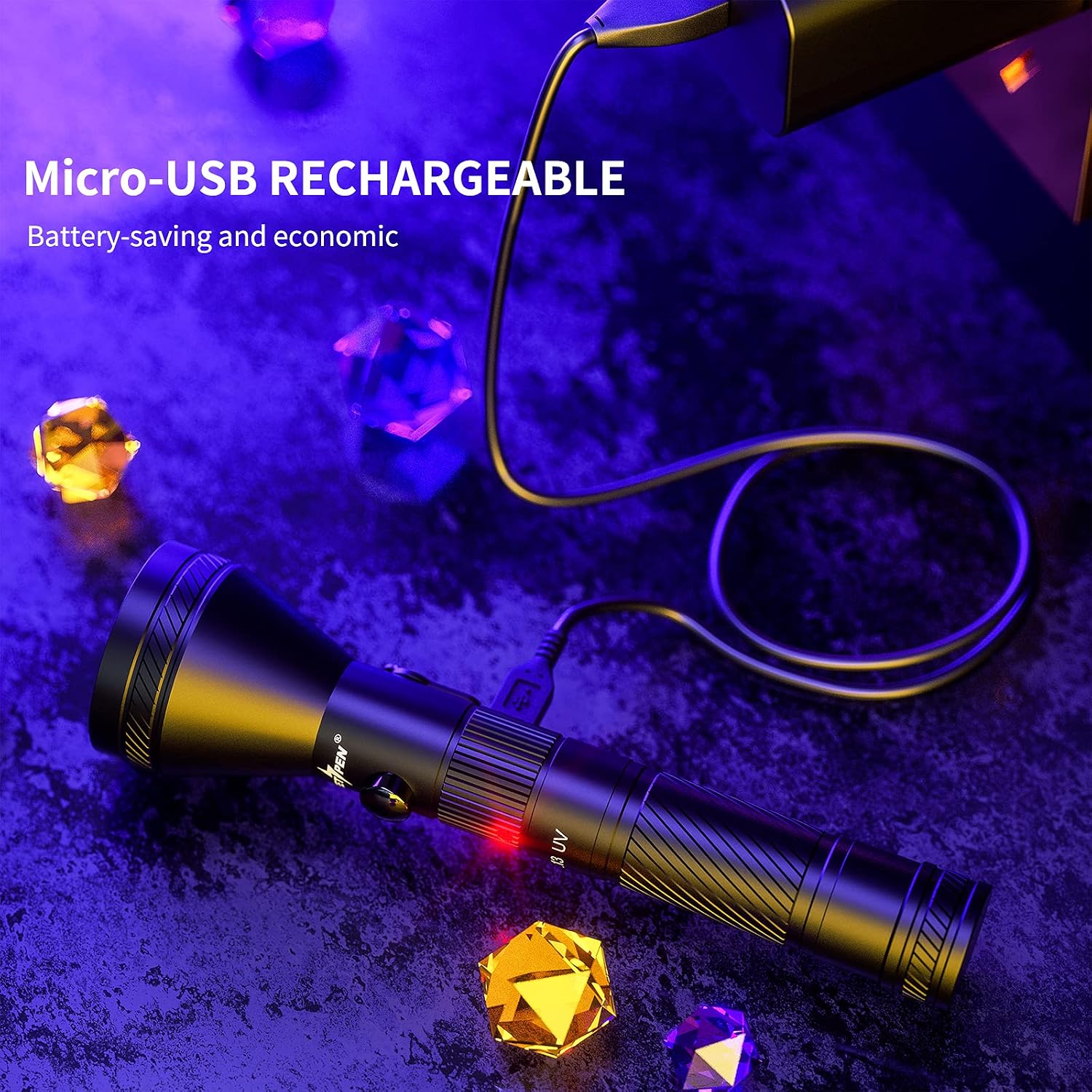 PEETPEN ultraviolet torch detecting dried pet urine stains on a living room carpet.