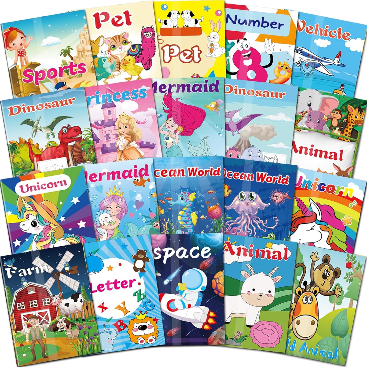 Kalysky 20 pack mini coloring books front view showing colorful assortment of kid friendly cover designs.