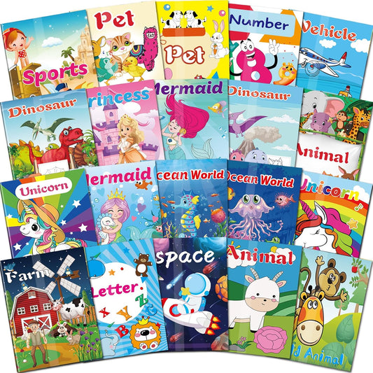 Kalysky 20 pack mini coloring books front view showing colorful assortment of kid friendly cover designs.