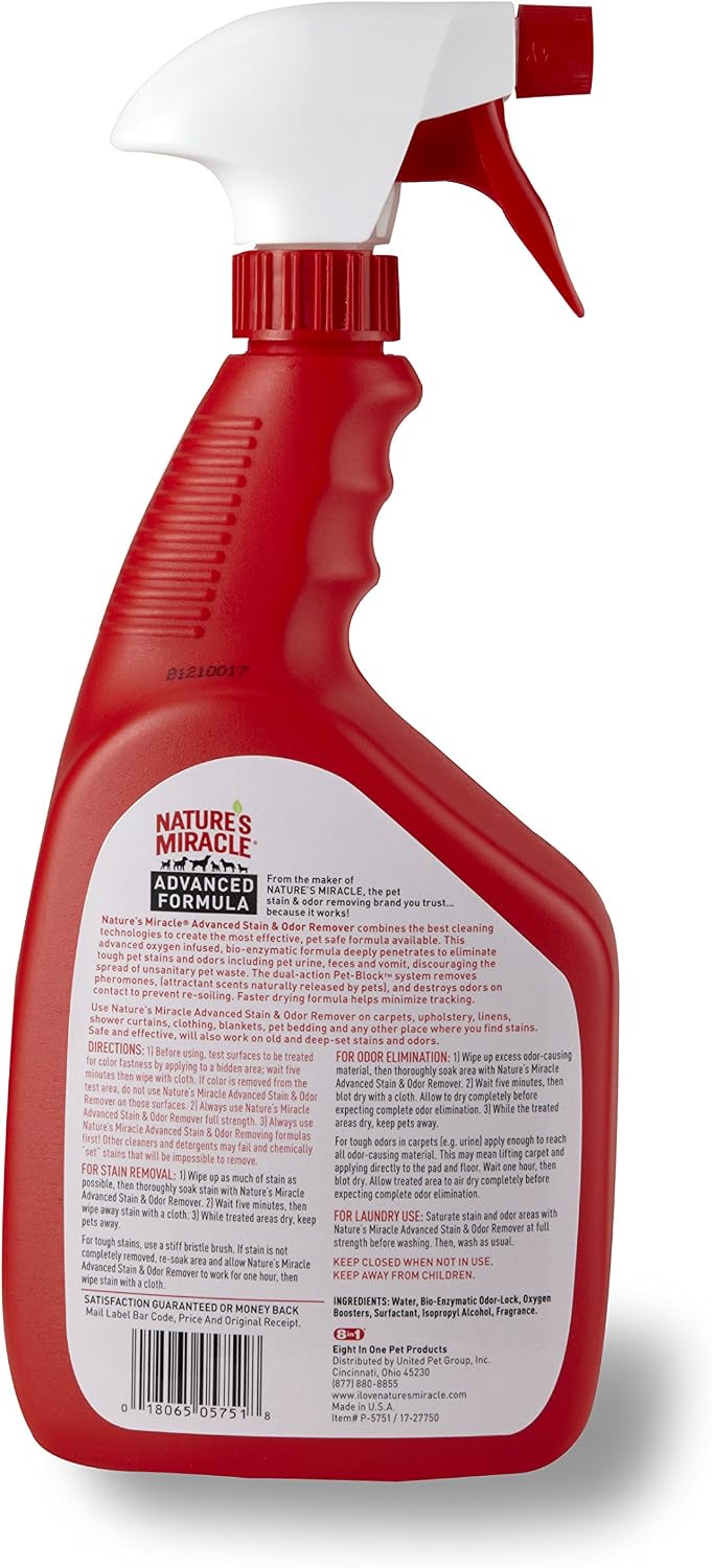 Nature's Miracle enzymatic stain remover spray bottle label details