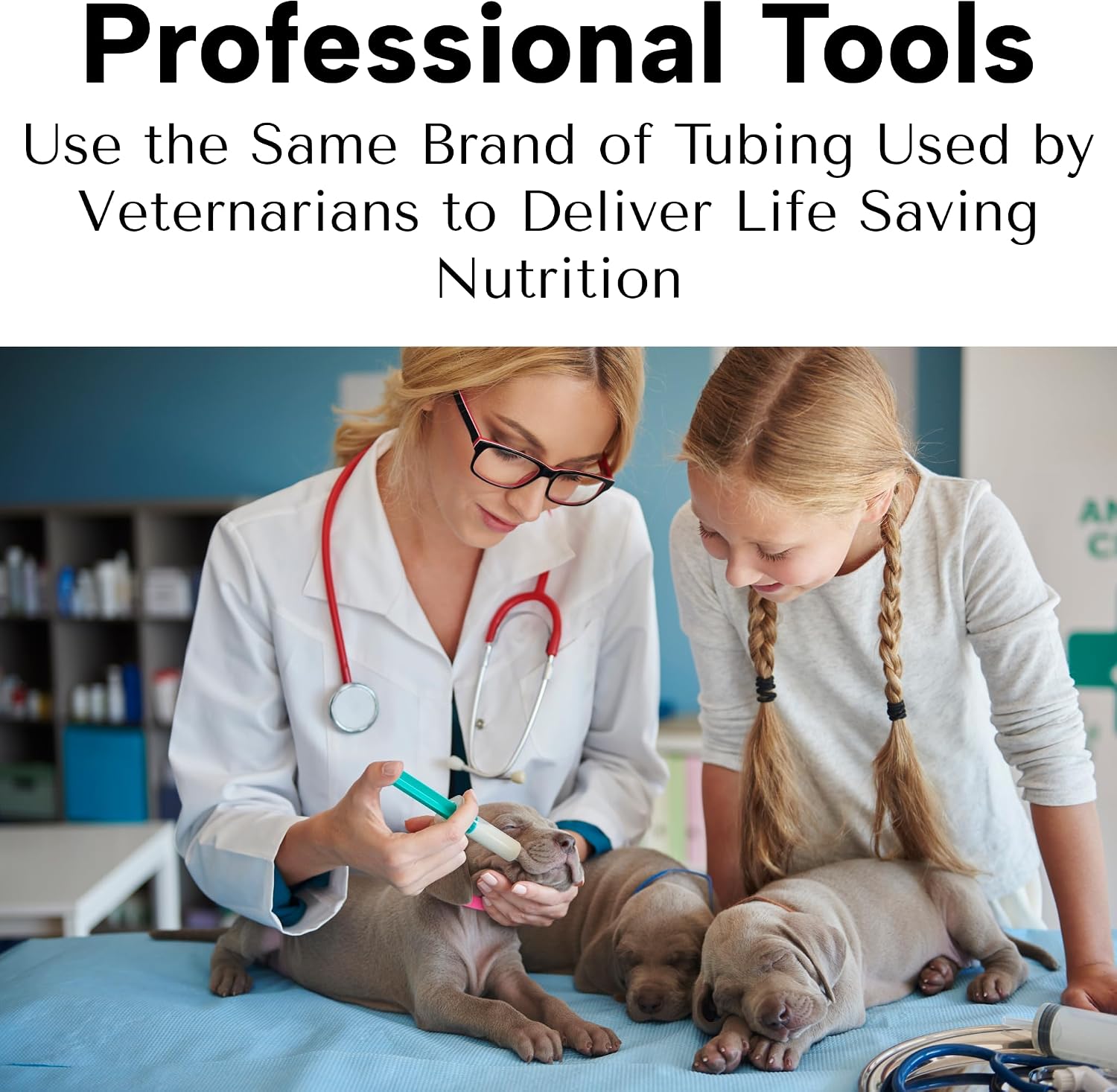 Twelve millilitre syringe attached to a flared end flexible feeding tube for newborn pets
