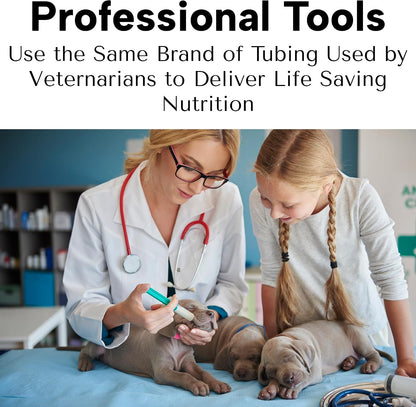 Twelve millilitre syringe attached to a flared end flexible feeding tube for newborn pets