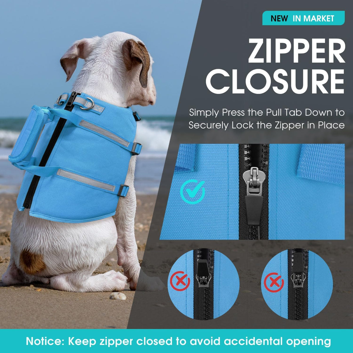 Queenmore large breed dog life vest back zipper closure and rescue handle details