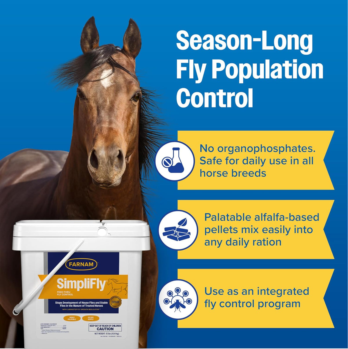 Palatable alfalfa based pellets of Farnam SimpliFly supplement poured out