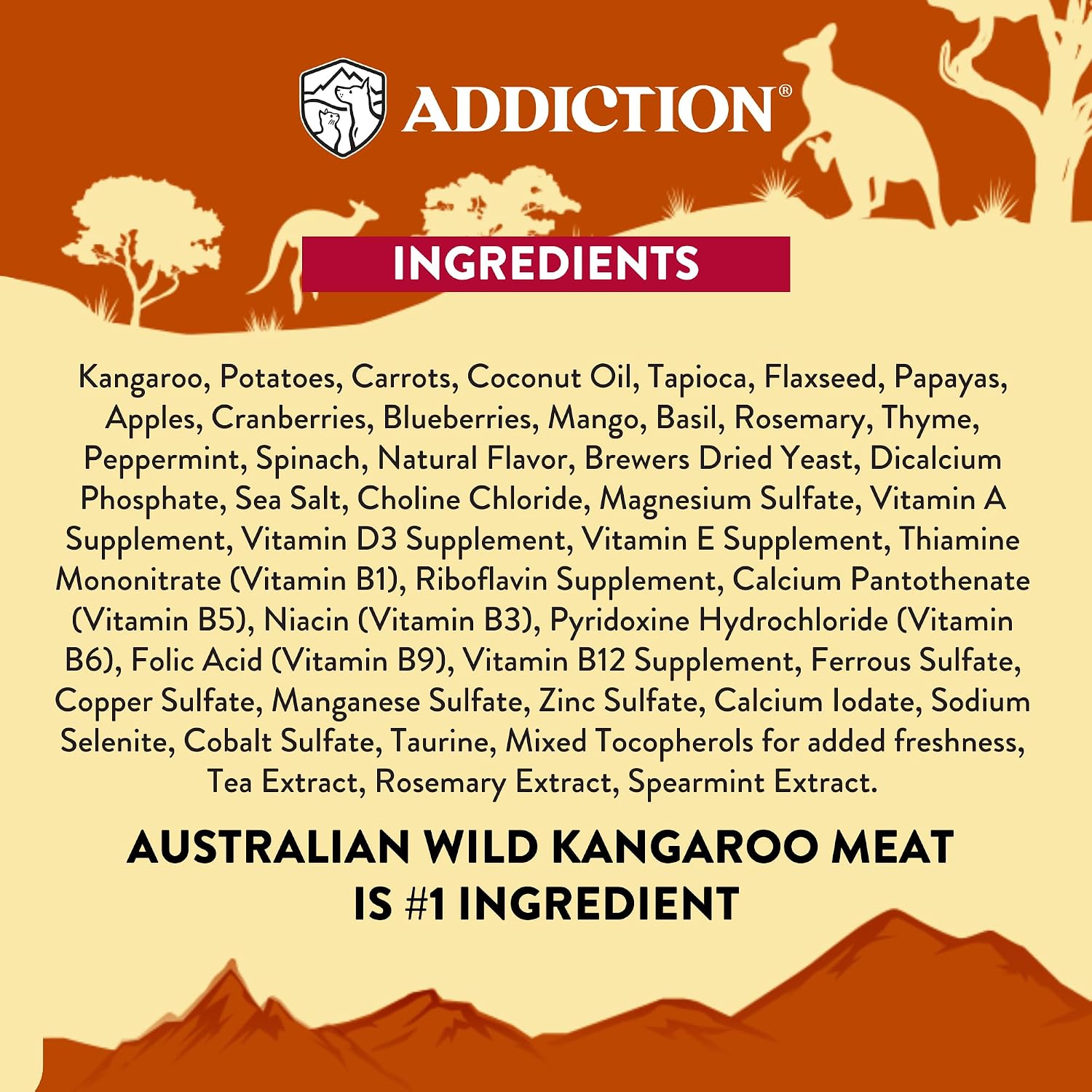 Raw alternative canine diet featuring wild Australian kangaroo meat and aromatic herbs