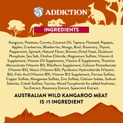 Raw alternative canine diet featuring wild Australian kangaroo meat and aromatic herbs