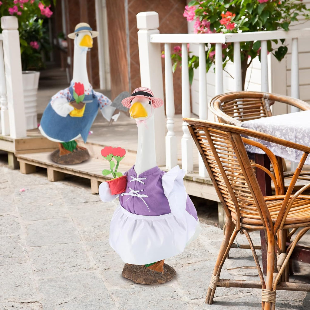Durable weather resistant garden goose outfits for seasonal outdoor patio styling.