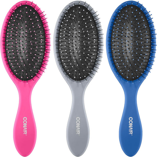 Conair detangling cushion hair brush set 3 pack front view showing blue pink and gray variants