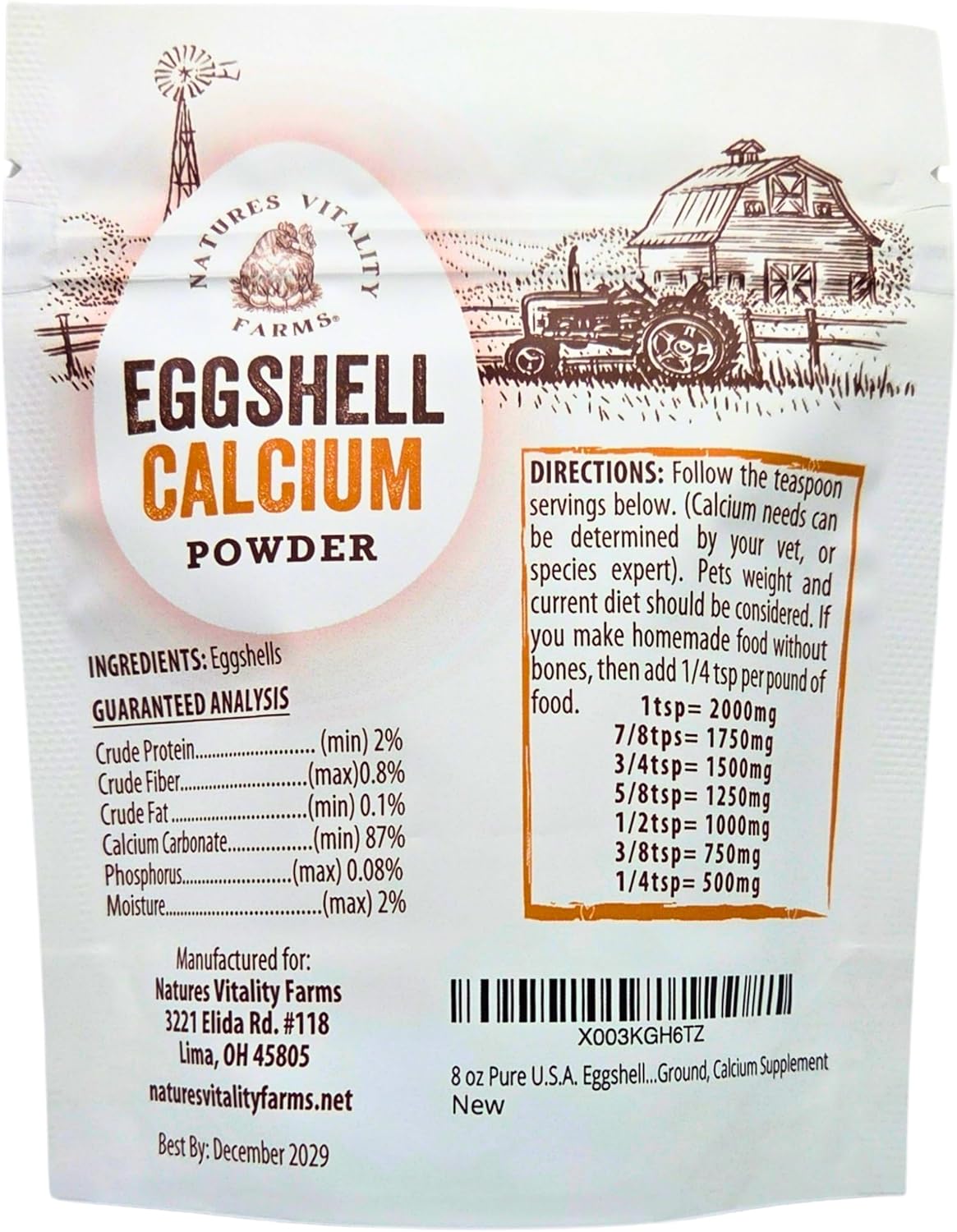 Natures Vitality Farms pet calcium supplement packaging details