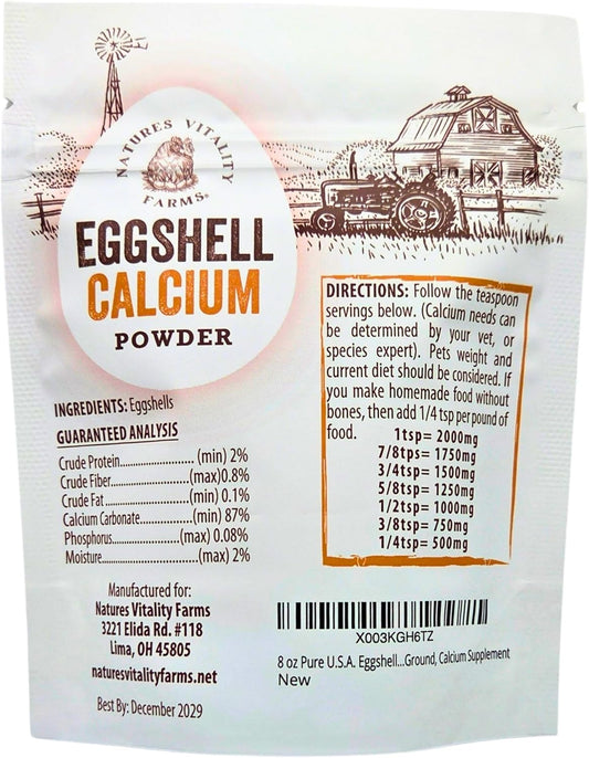 Natures Vitality Farms pet calcium supplement packaging details