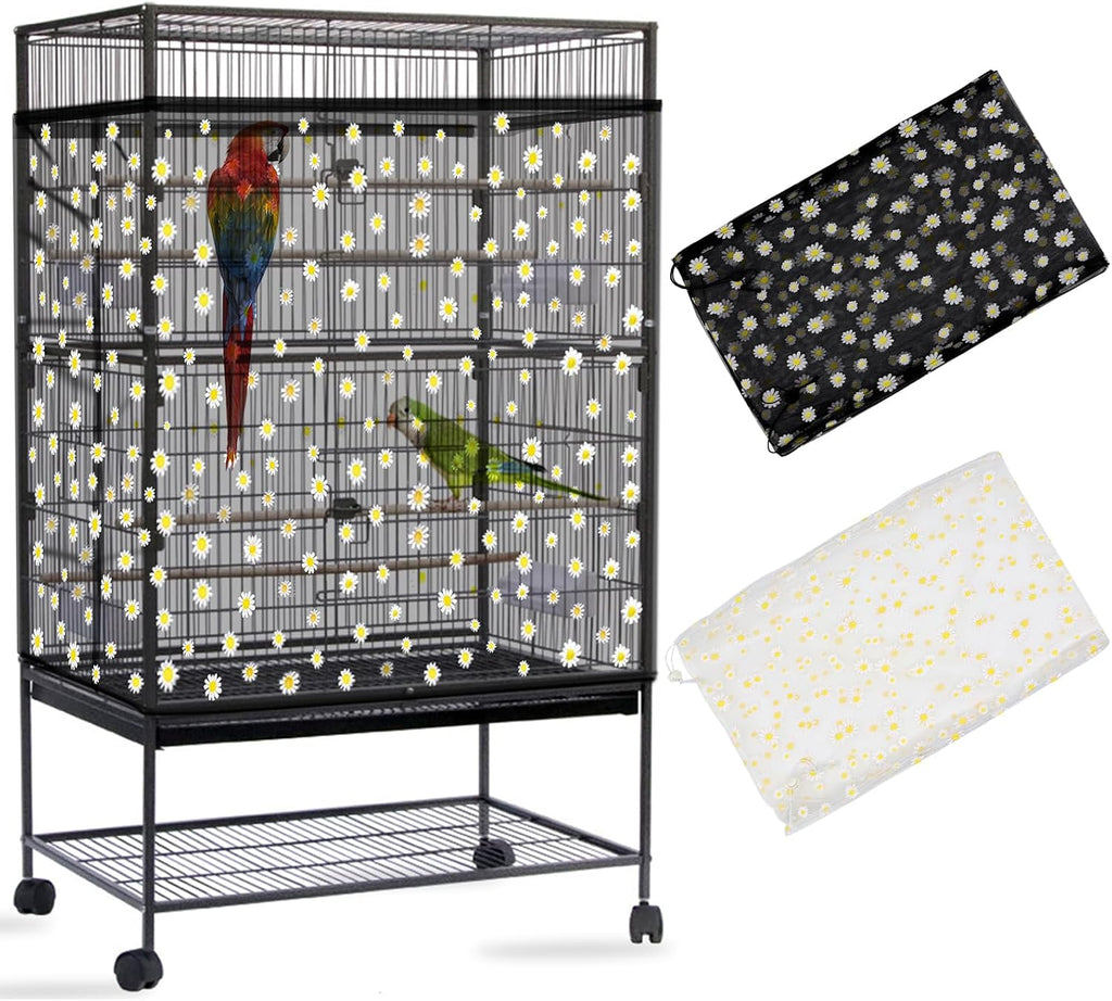 Daoeny 2PCS Bird Cage Seed Catcher, Large Bird Cage Cover, Adjustable Soft Airy Nylon Mesh, Birdcage Cover Skirt Seed Guard for Parrot Parakeet Macaw Round Square Cages (White & White) - Image 11