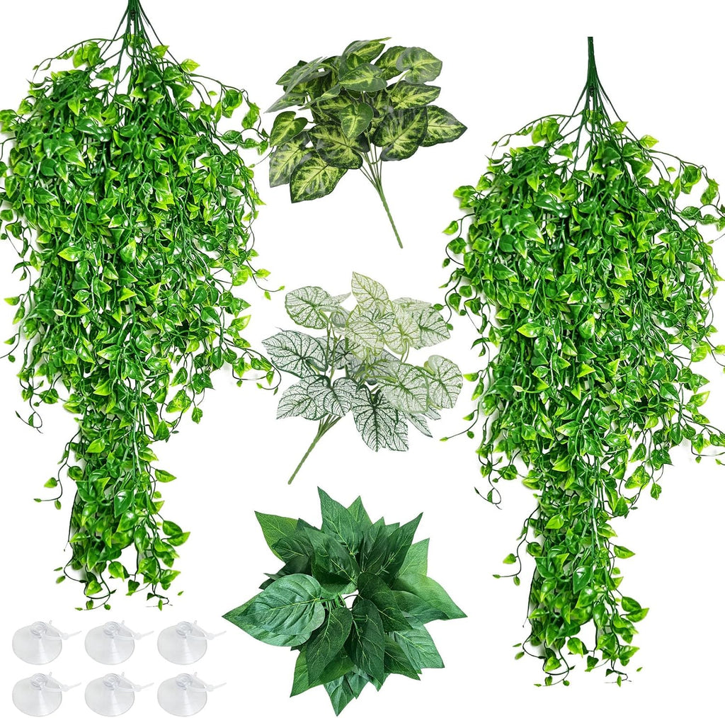 Hamiledyi 5 Pcs Reptile Plants Terrarium Hanging Fake Plant Leaves, Bearded Dragon Tank Accessories, Habitat Decor for Snake Leopard Gecko Lizard Chameleon Spider Turtle (Style 3) - Image 11