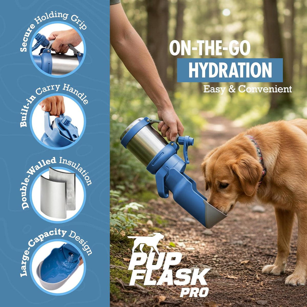 Insulated stainless steel pet travel flask with flipped out silicone drinking cup