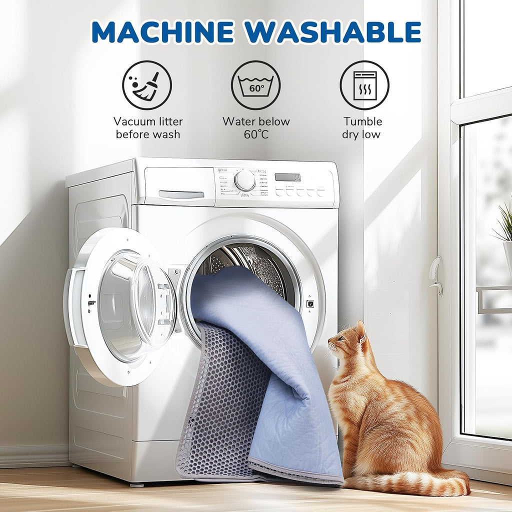 Machine washable grey cat litter trapping pad being cleaned in washing machine